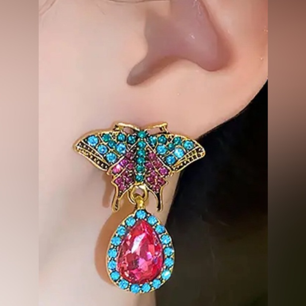 Vibrant Pink and Blue Butterfly Teardrop Earrings
